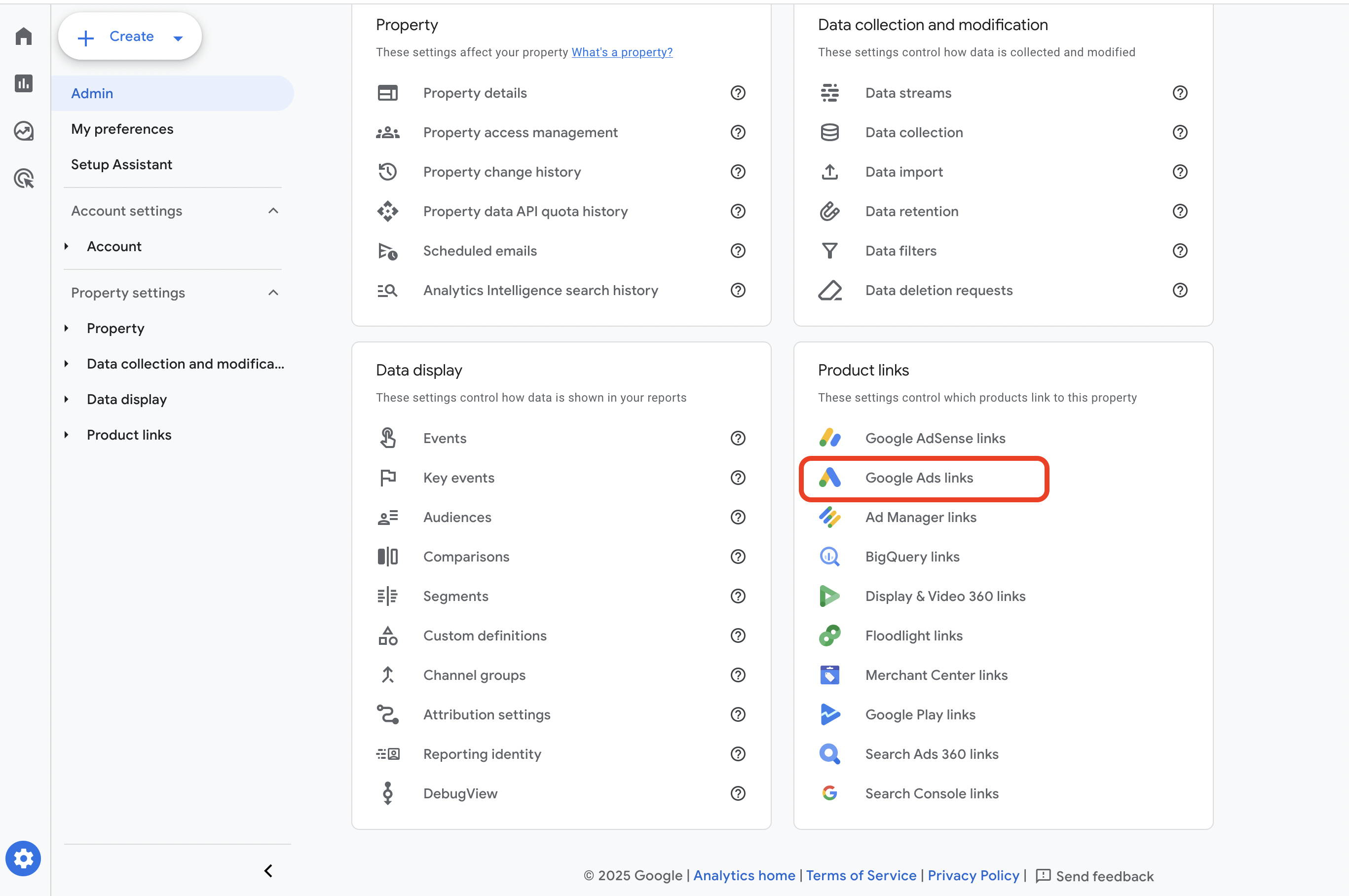 Google Analytics Ads Link in Admin Area